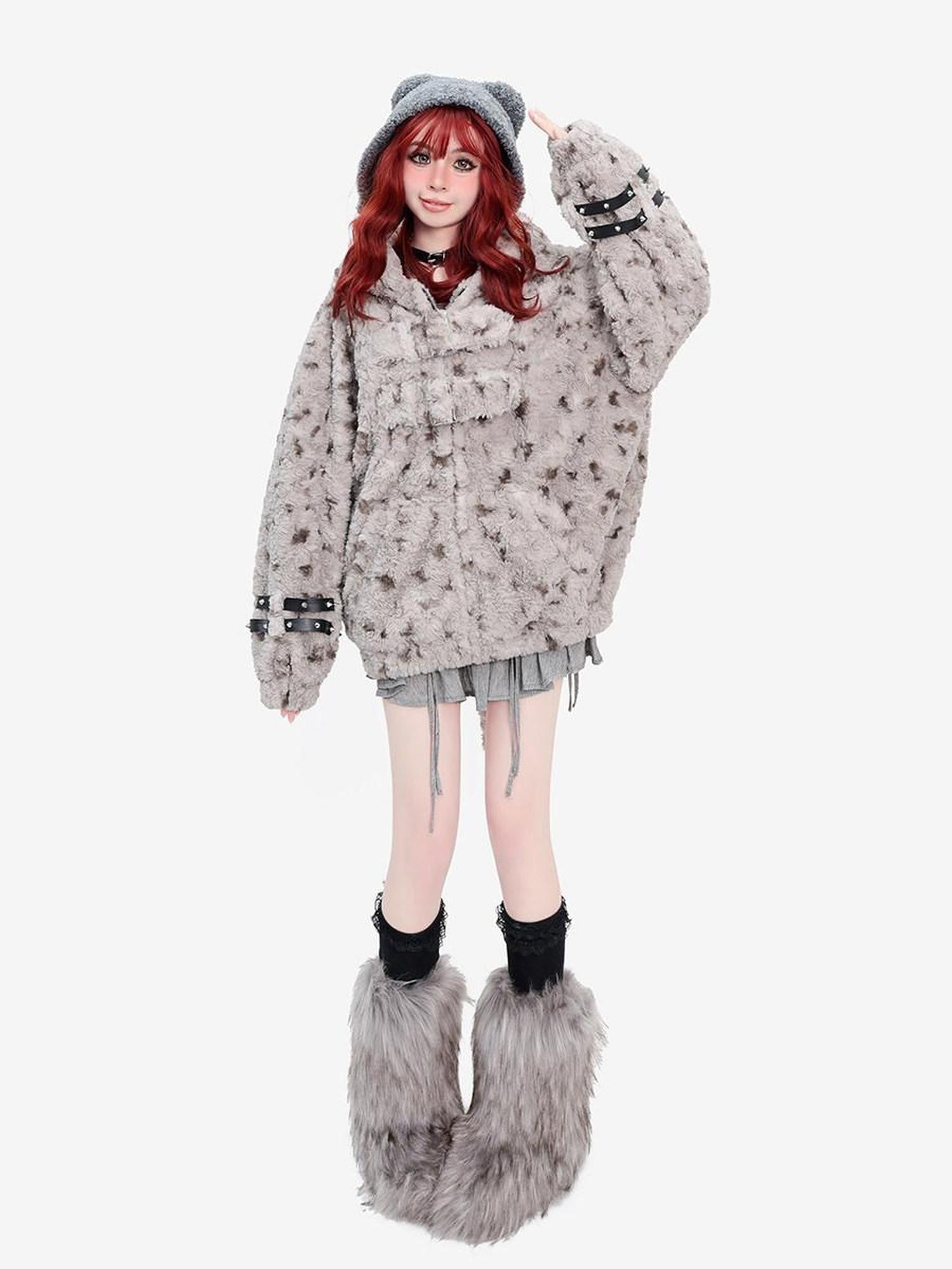 catwish Plush Hooded Cat Motif Women's Polyester Fleece Puffer Jackets