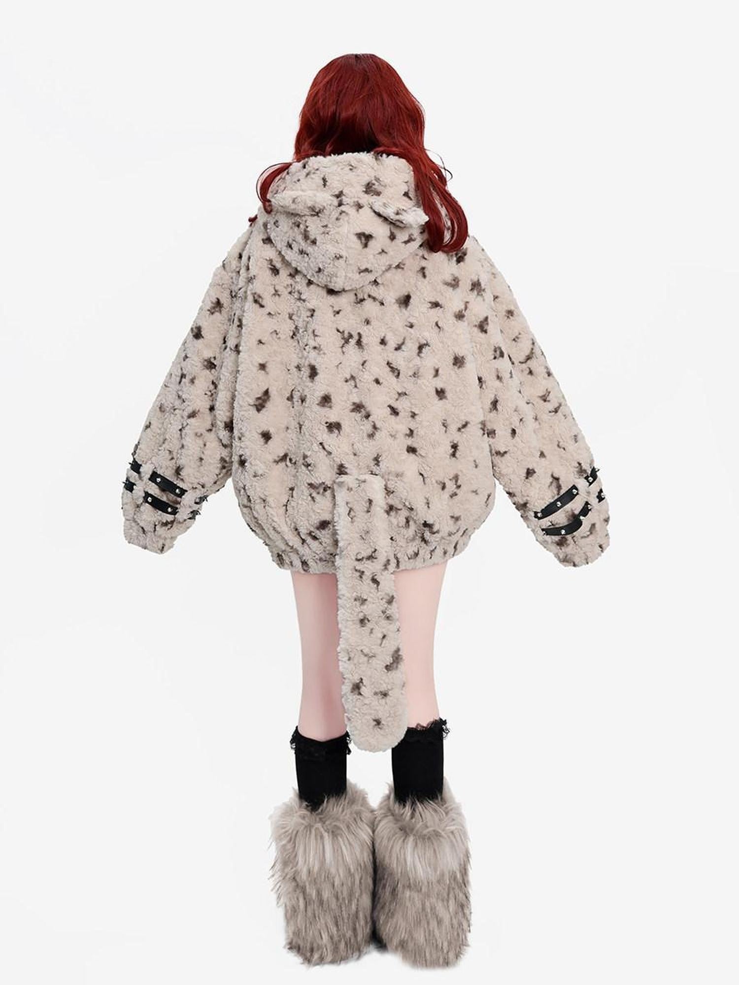 catwish Plush Hooded Cat Motif Women's Polyester Fleece Puffer Jackets