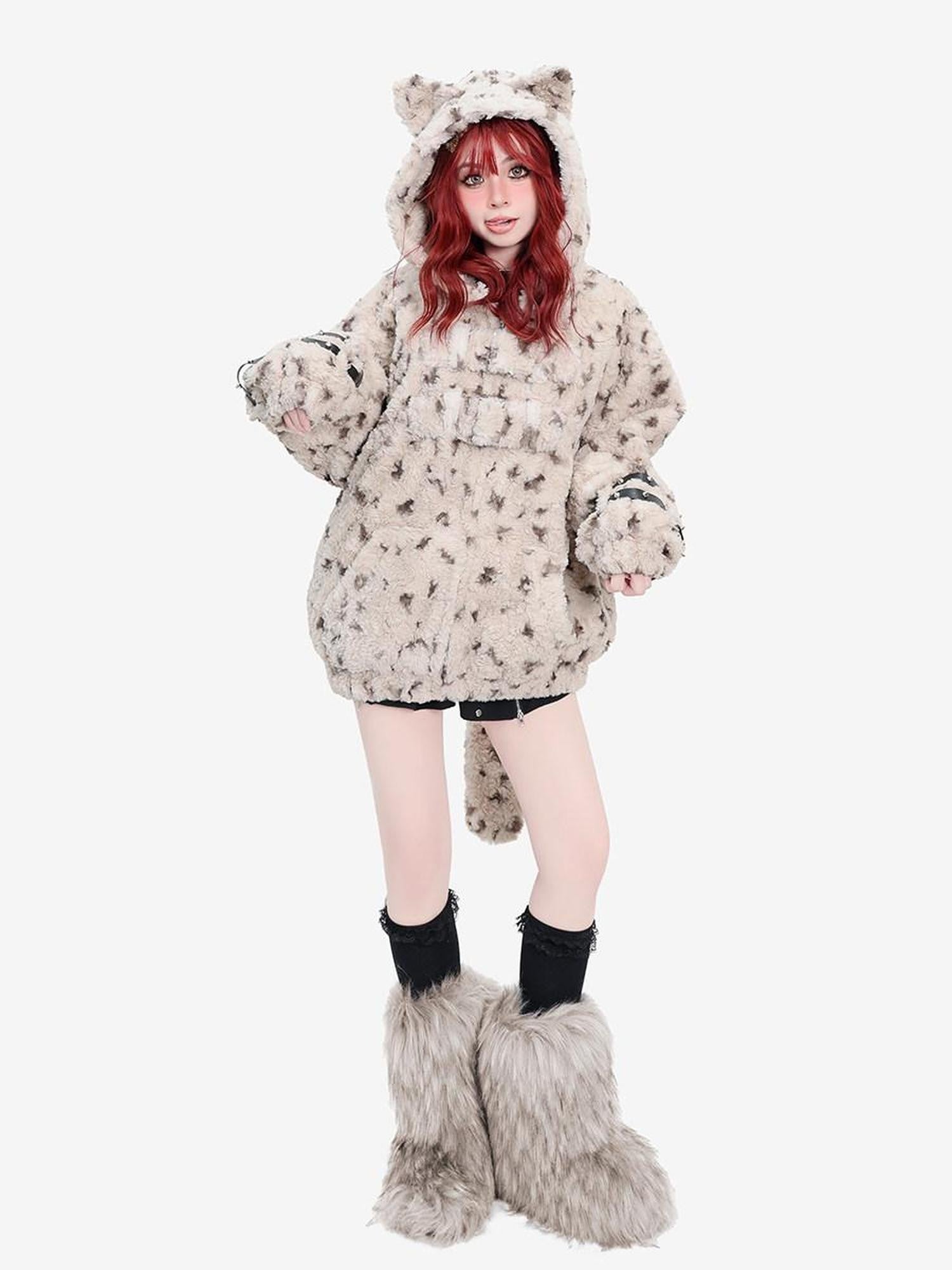 catwish Plush Hooded Cat Motif Women's Polyester Fleece Puffer Jackets