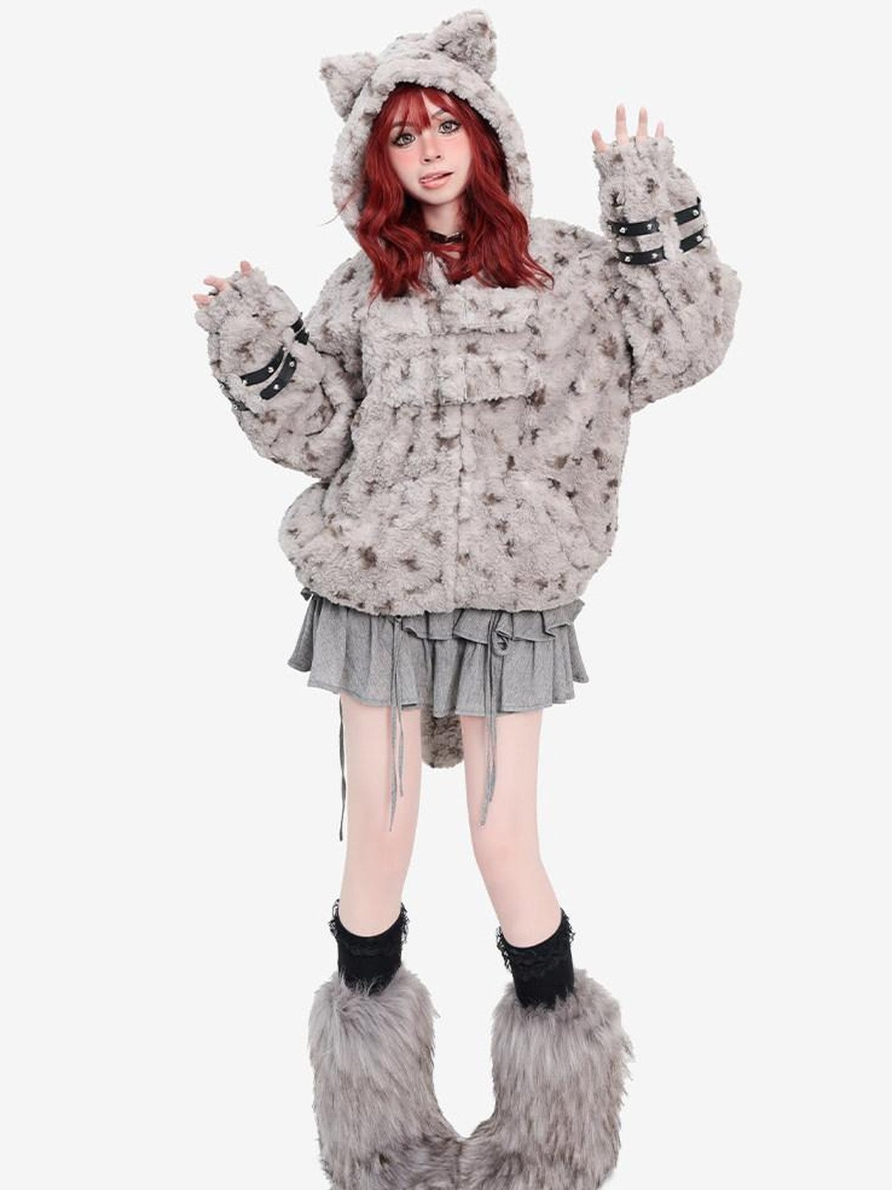 catwish Plush Hooded Cat Motif Women's Polyester Fleece Puffer Jackets