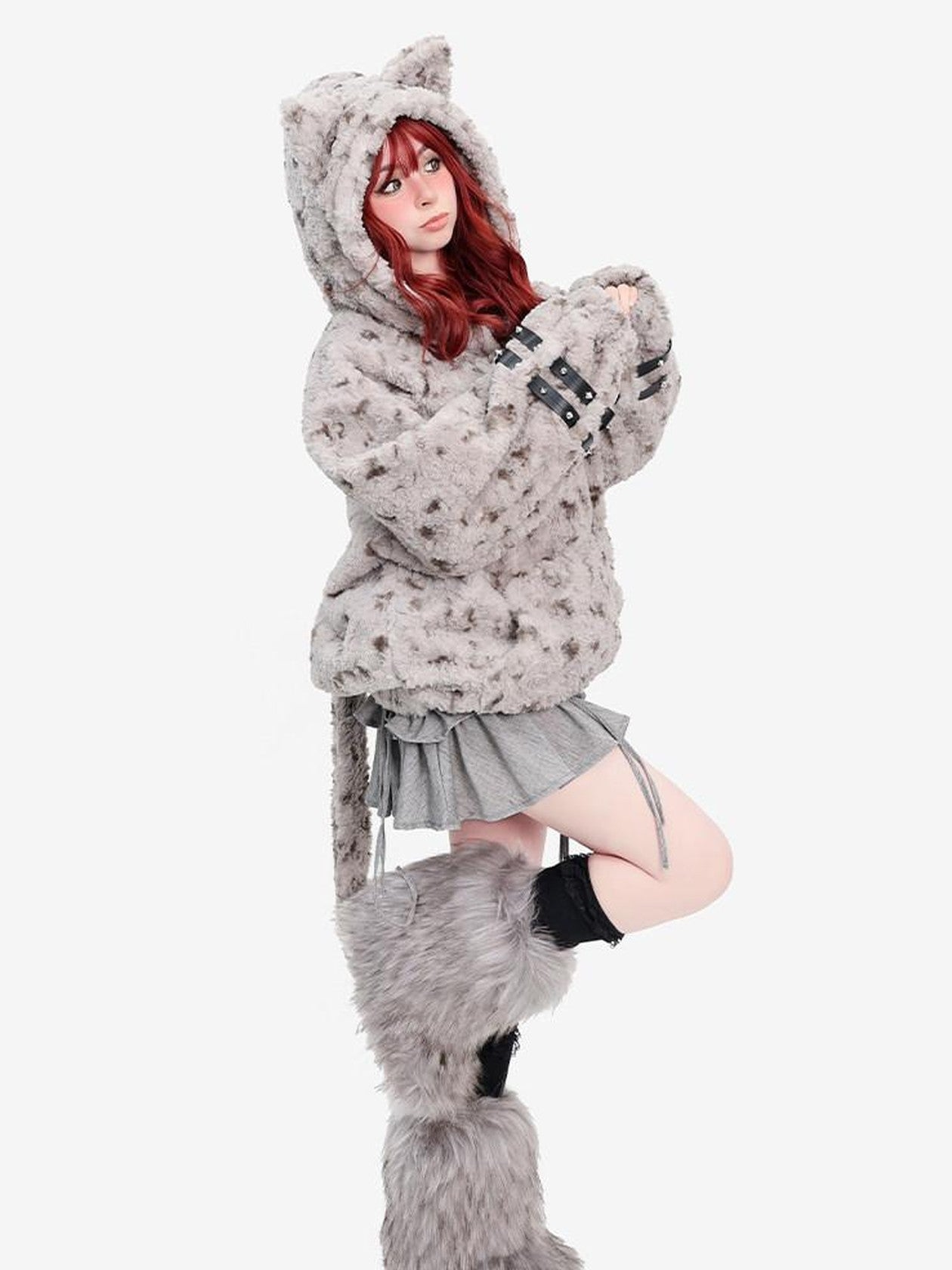 catwish Plush Hooded Cat Motif Women's Polyester Fleece Puffer Jackets