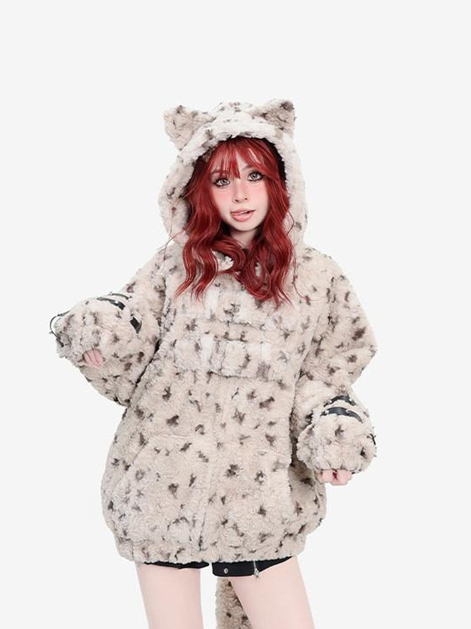 catwish Plush Hooded Cat Motif Women's Polyester Fleece Puffer Jackets
