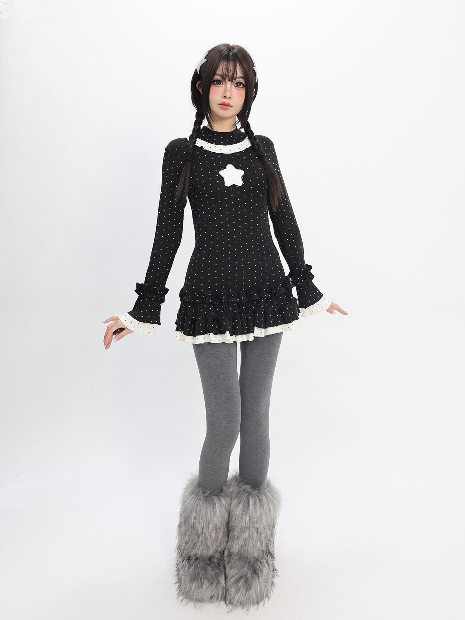 catwish Polka Dot Layered Lace Women's Viscose Blend Long Sleeve T-shirts