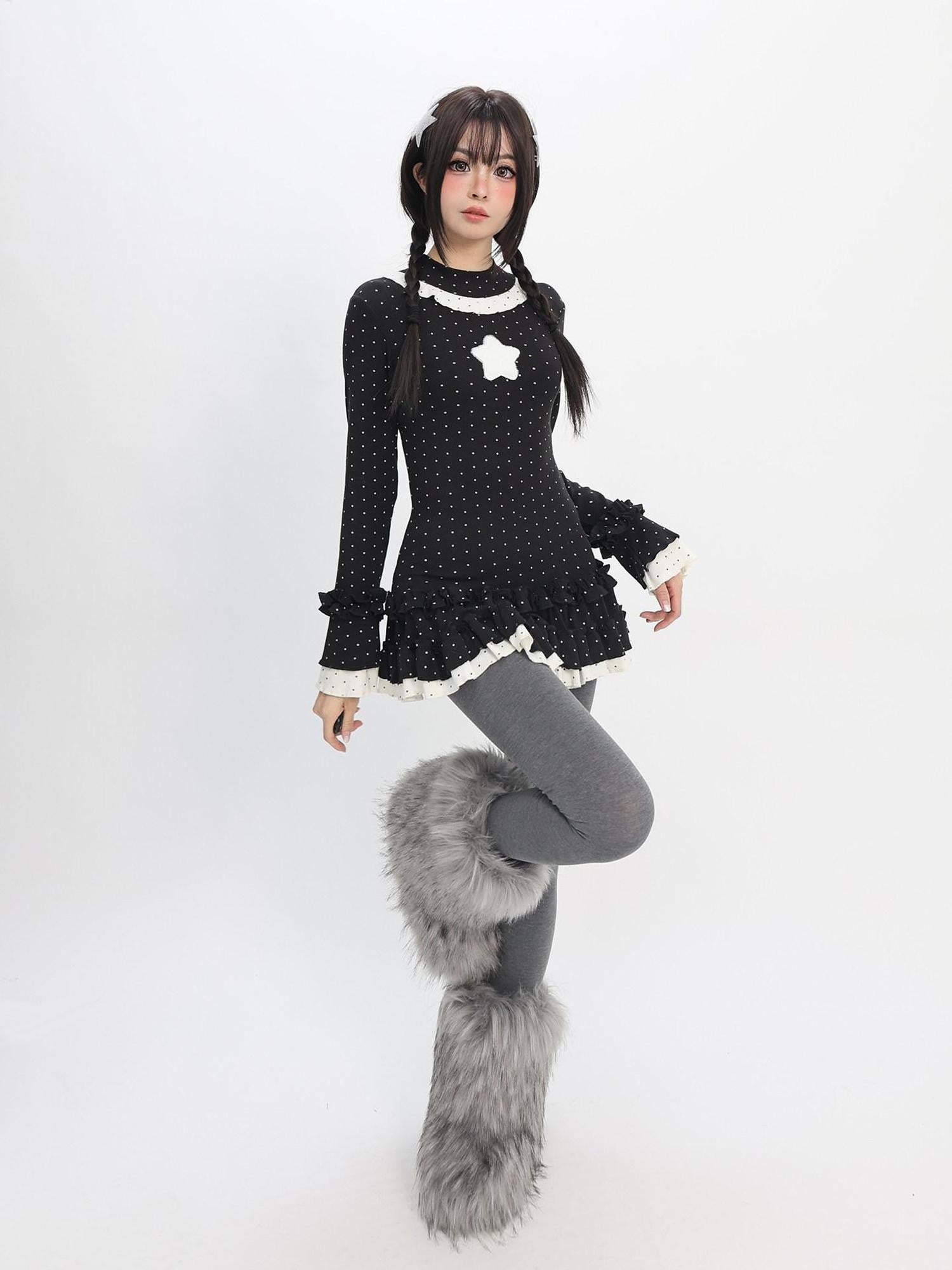 catwish Polka Dot Layered Lace Women's Viscose Blend Long Sleeve T-shirts
