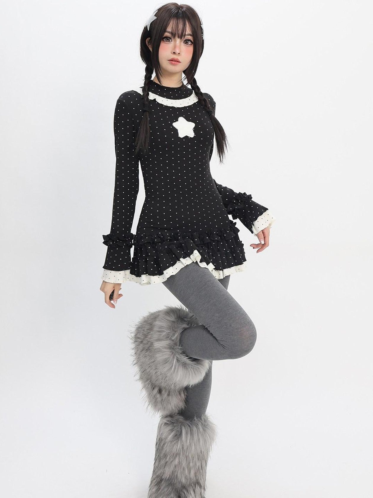 catwish Polka Dot Layered Lace Women's Viscose Blend Long Sleeve T-shirts