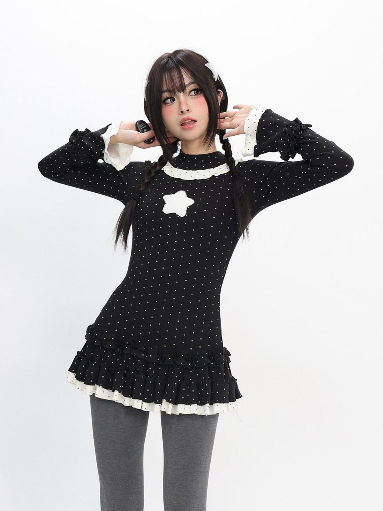 catwish Polka Dot Layered Lace Women's Viscose Blend Long Sleeve T-shirts