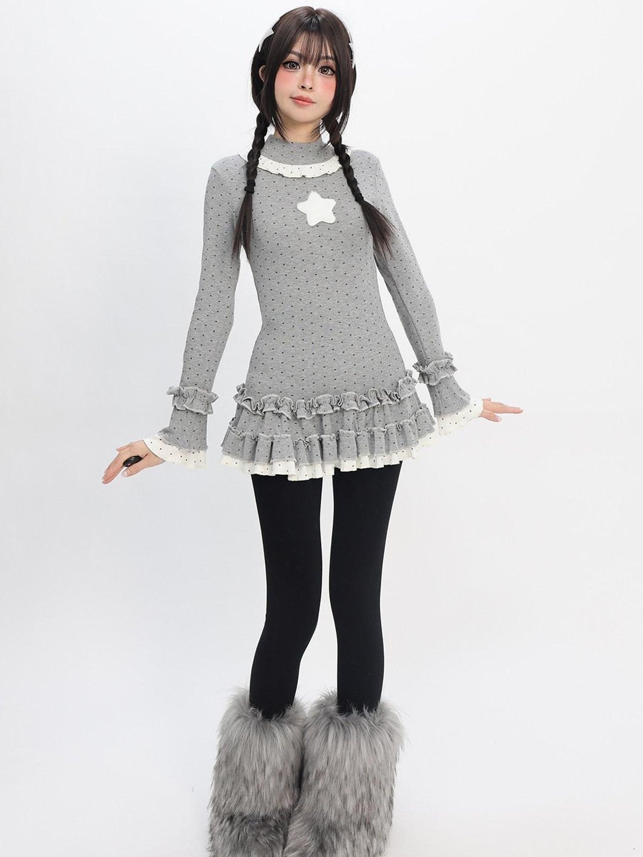 catwish Polka Dot Layered Lace Women's Viscose Blend Long Sleeve T-shirts