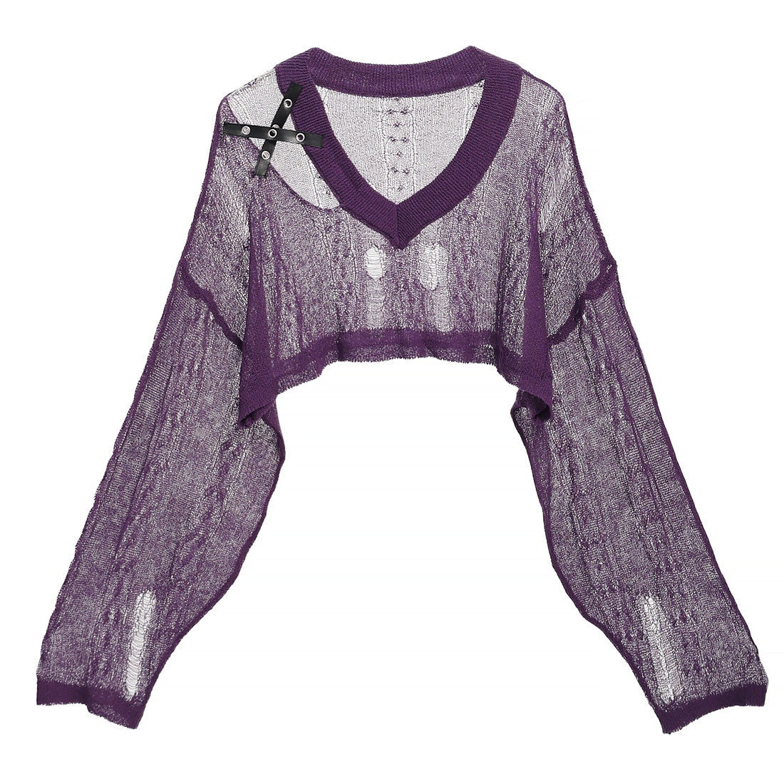 catwish_Purple_Ripped_Knit_Batwing_Cropped_Women's_Acrylic_Top_&_Skirt_Sets_1051847414603_MISSTT