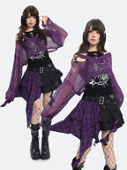 catwish Purple Ripped Knit Batwing Cropped Women's Acrylic Top & Skirt Sets