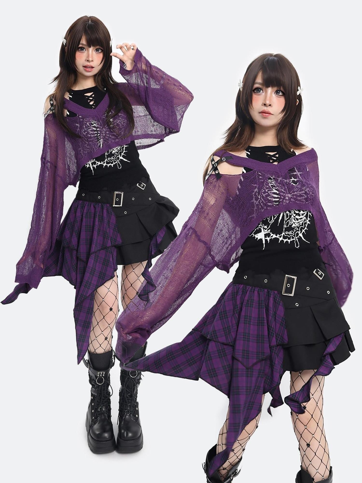 catwish Purple Ripped Knit Batwing Cropped Women's Acrylic Top & Skirt Sets