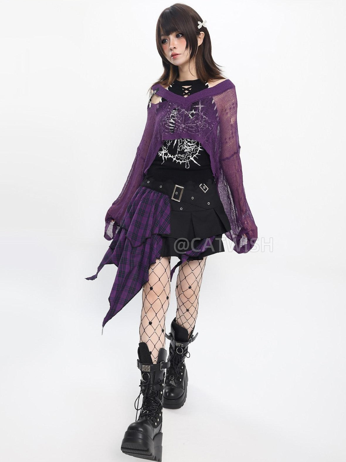 catwish Purple Ripped Knit Batwing Cropped Women's Acrylic Top & Skirt Sets
