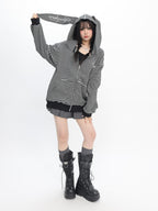 catwish Rabbit Ear Embroidered Striped Hood Zip Women's Long Sleeve T-shirts