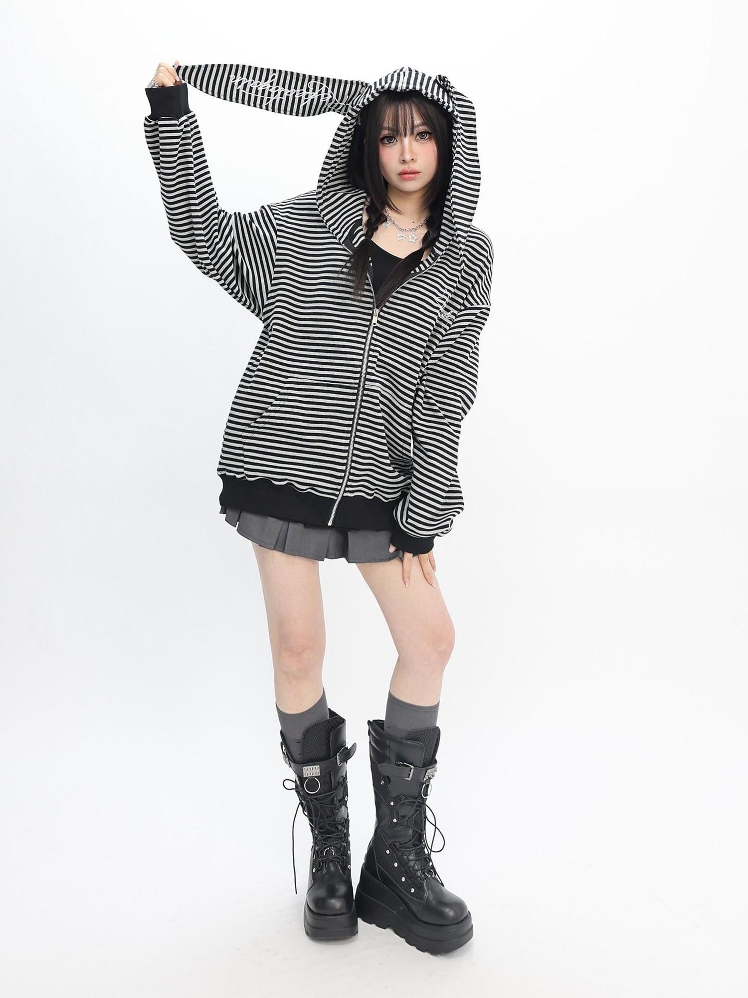 catwish Rabbit Ear Embroidered Striped Hood Zip Women's Long Sleeve T-shirts