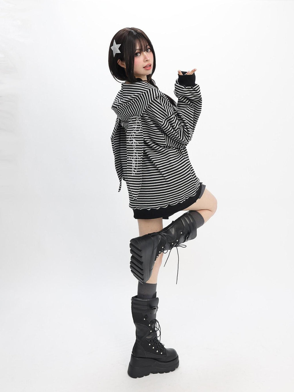catwish Rabbit Ear Embroidered Striped Hood Zip Women's Long Sleeve T-shirts