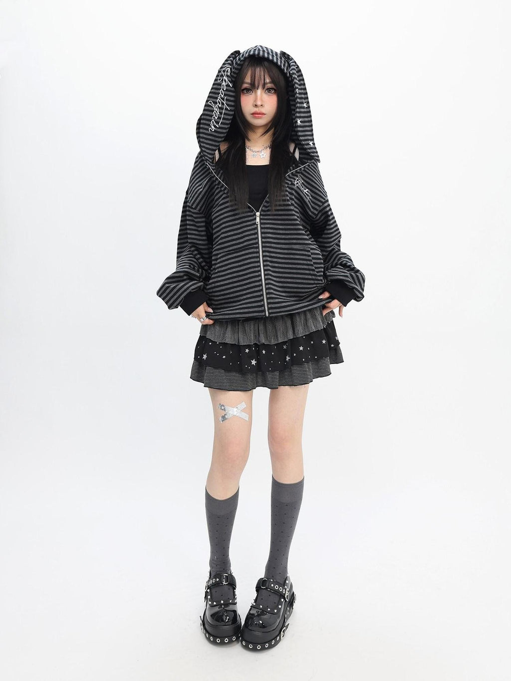 catwish Rabbit Ear Embroidered Striped Hood Zip Women's Long Sleeve T-shirts