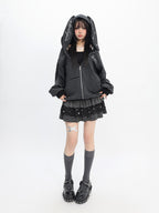 catwish Rabbit Ear Embroidered Striped Hood Zip Women's Long Sleeve T-shirts