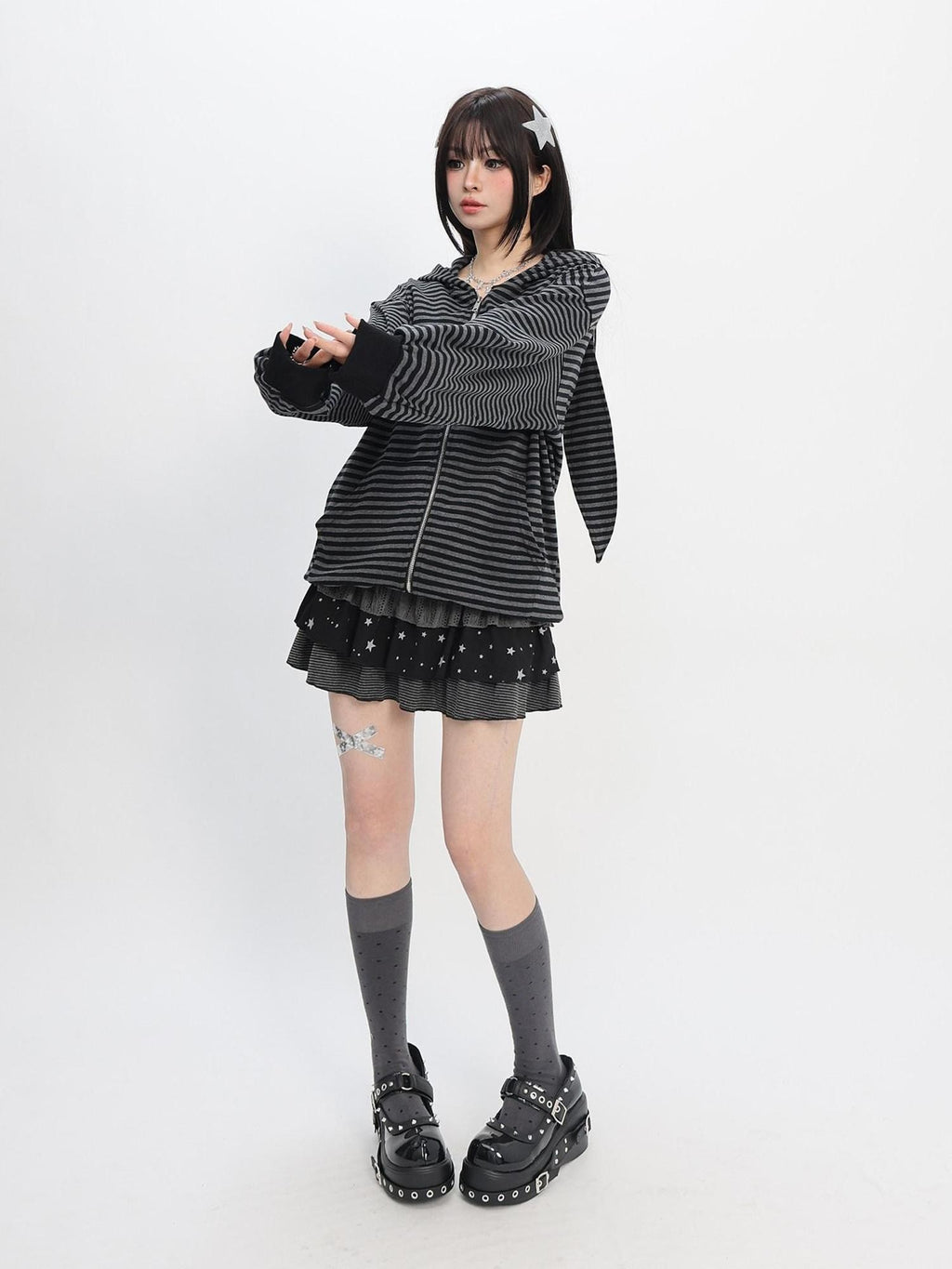 catwish Rabbit Ear Embroidered Striped Hood Zip Women's Long Sleeve T-shirts