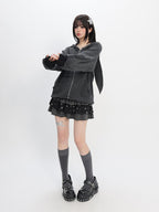 catwish Rabbit Ear Embroidered Striped Hood Zip Women's Long Sleeve T-shirts