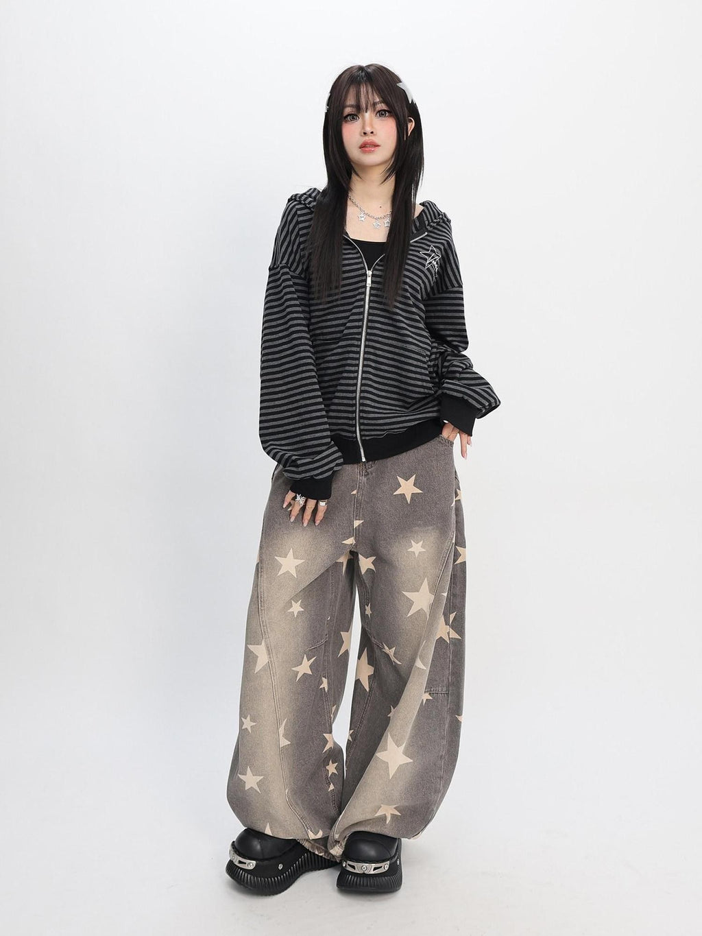 catwish Rabbit Ear Embroidered Striped Hood Zip Women's Long Sleeve T-shirts