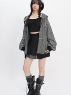 catwish Rabbit Ear Embroidered Striped Hood Zip Women's Long Sleeve T-shirts