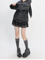 catwish Rabbit Ear Embroidered Striped Hood Zip Women's Long Sleeve T-shirts