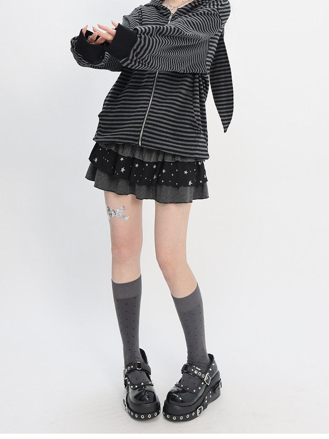 catwish Rabbit Ear Embroidered Striped Hood Zip Women's Long Sleeve T-shirts