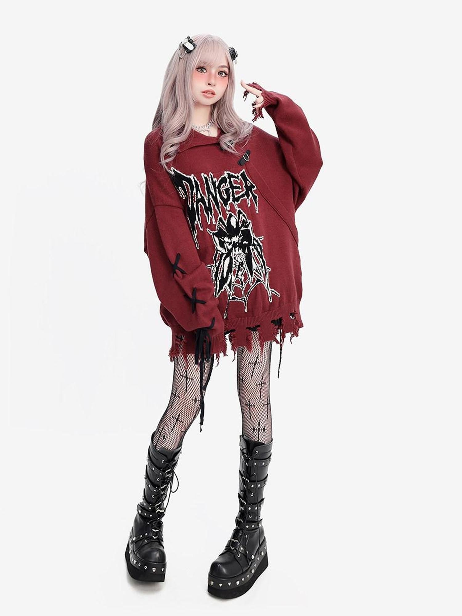 catwish Skull Spider Lapel Tie Cutout Asymmetrical Women's Viscose Sweaters