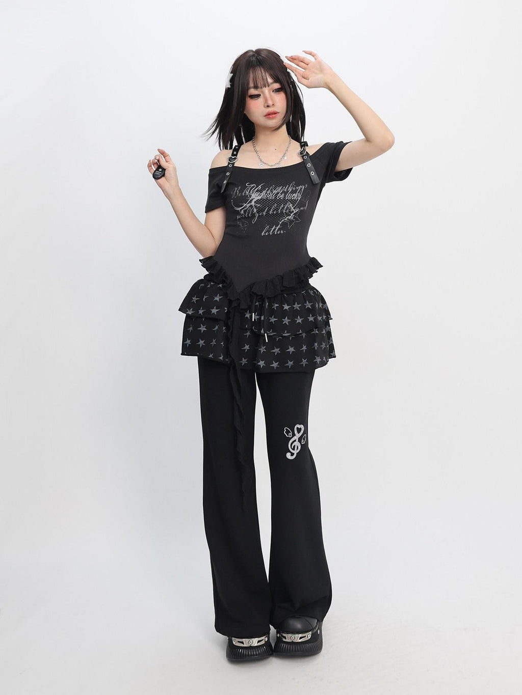 catwish Star Print Drawstring Low Waist Ruffled Women's Cotton Wide-leg Pants