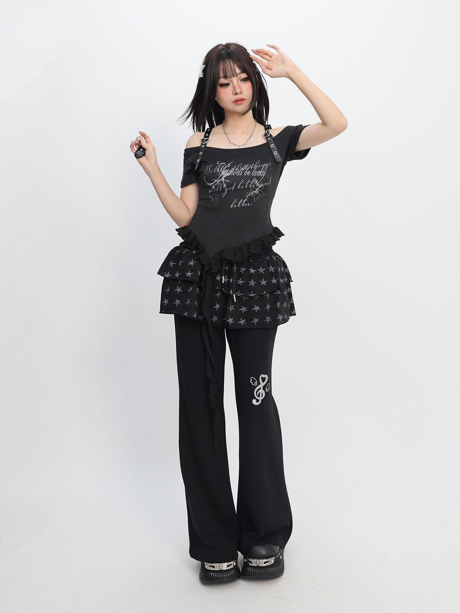 catwish Star Print Drawstring Low Waist Ruffled Women's Cotton Wide-leg Pants