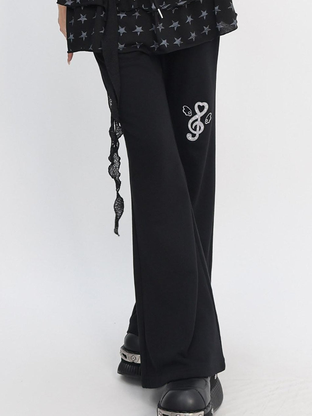 catwish Star Print Drawstring Low Waist Ruffled Women's Cotton Wide-leg Pants