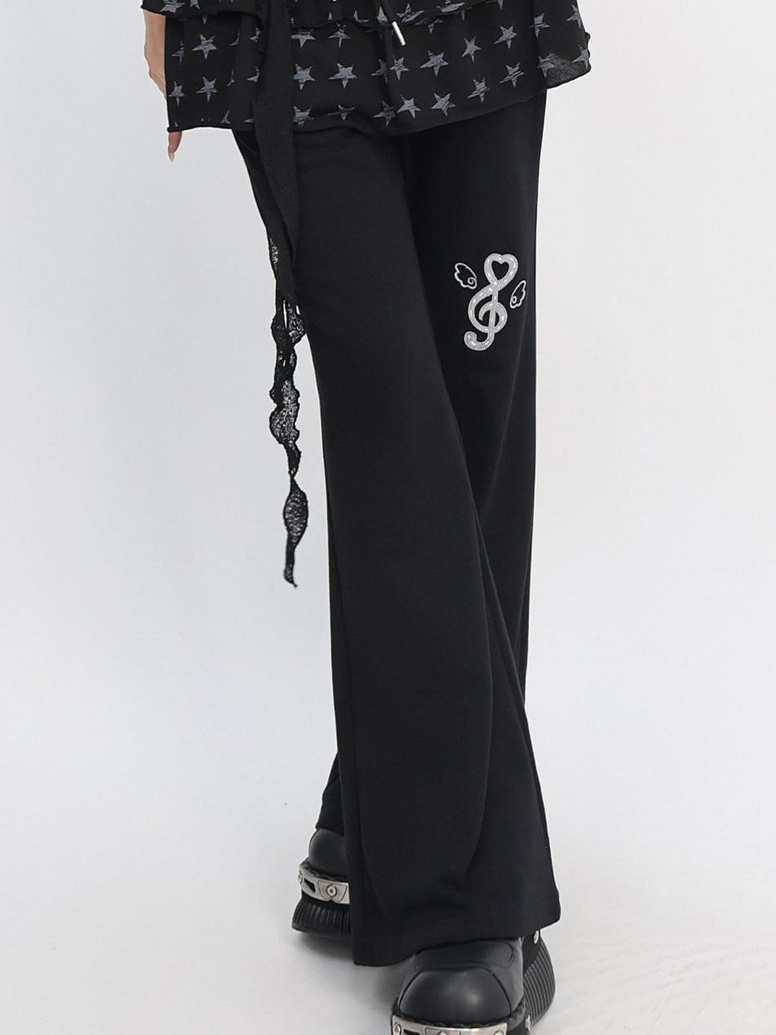 catwish Star Print Drawstring Low Waist Ruffled Women's Cotton Wide-leg Pants