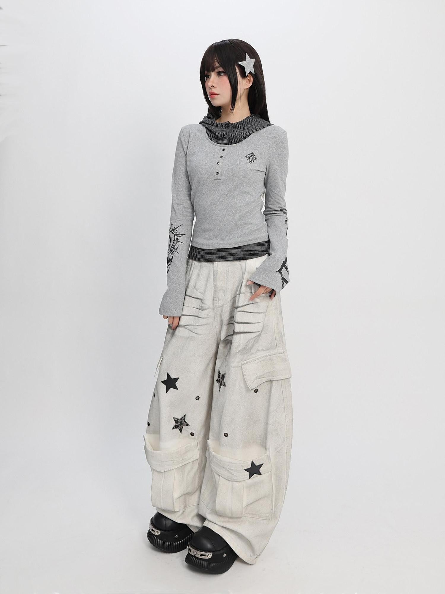 catwish Street Graffiti Letter Print Patchwork Faux Layered Women's Cotton Hoodies