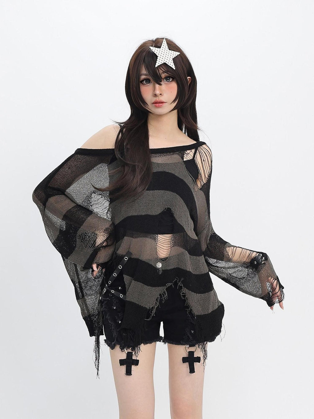 catwish Striped Distressed Knit Women's Acrylic Long Sleeve T-shirts