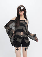 catwish Striped Distressed Knit Women's Acrylic Long Sleeve T-shirts