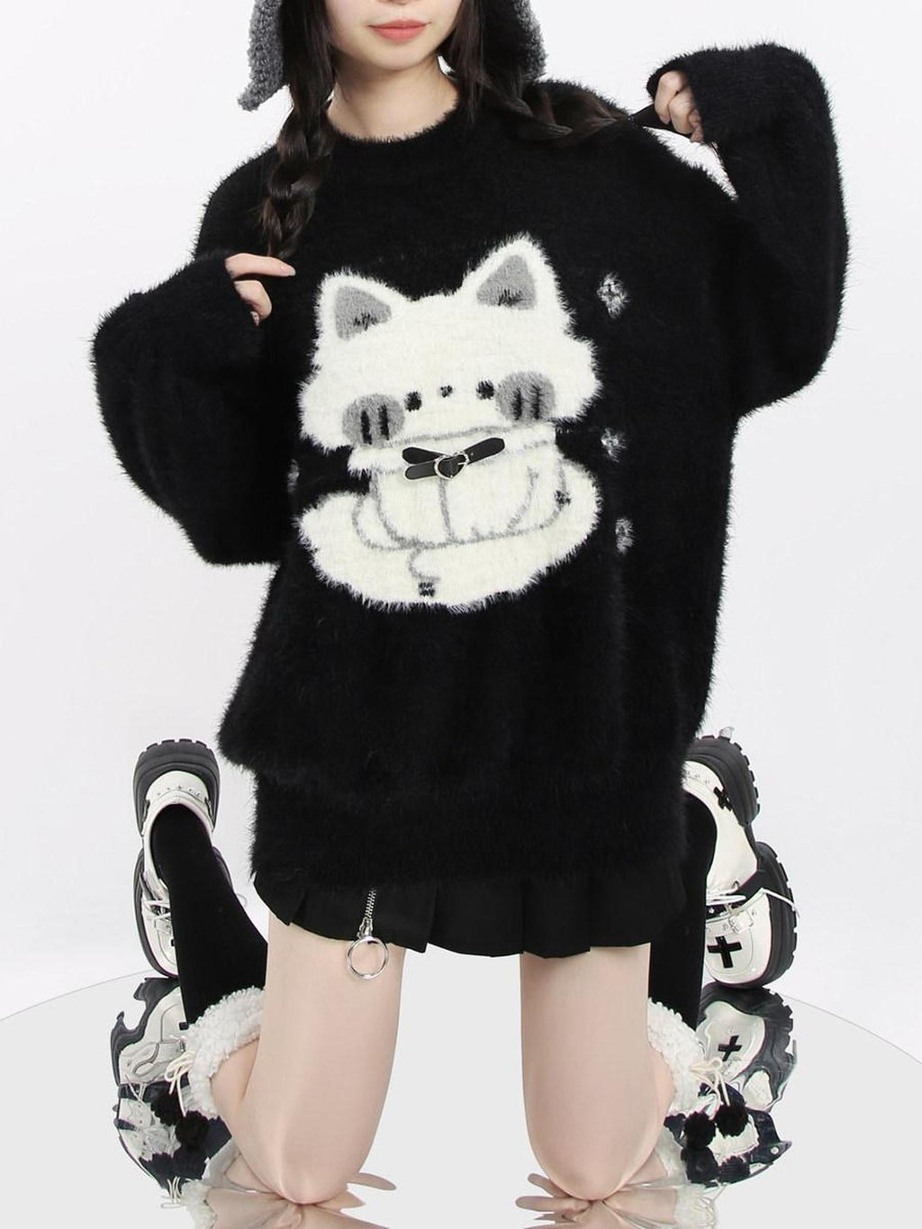 catwish Thick Leather Button Heavy Embellished Cat Motif Women's Faux Mink Sweaters