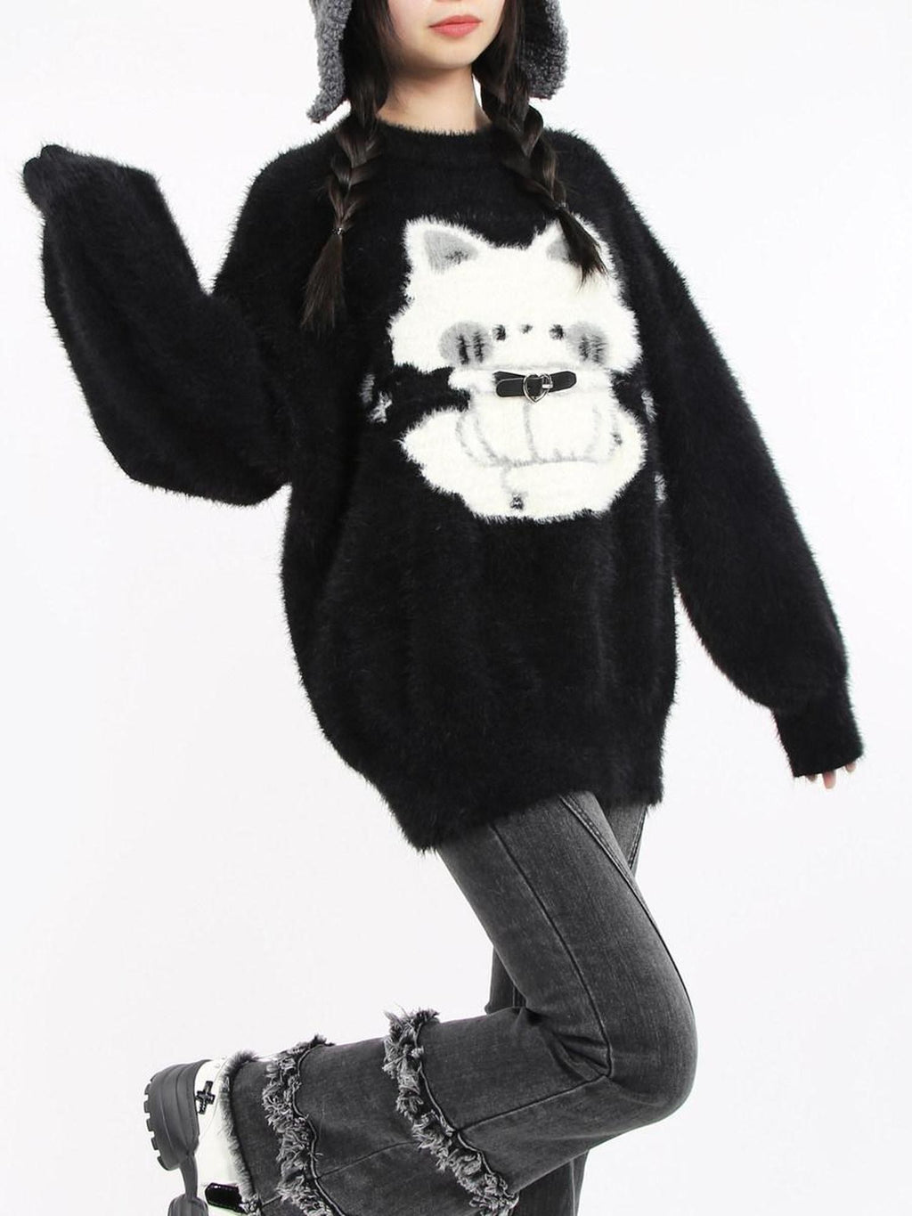 catwish Thick Leather Button Heavy Embellished Cat Motif Women's Faux Mink Sweaters