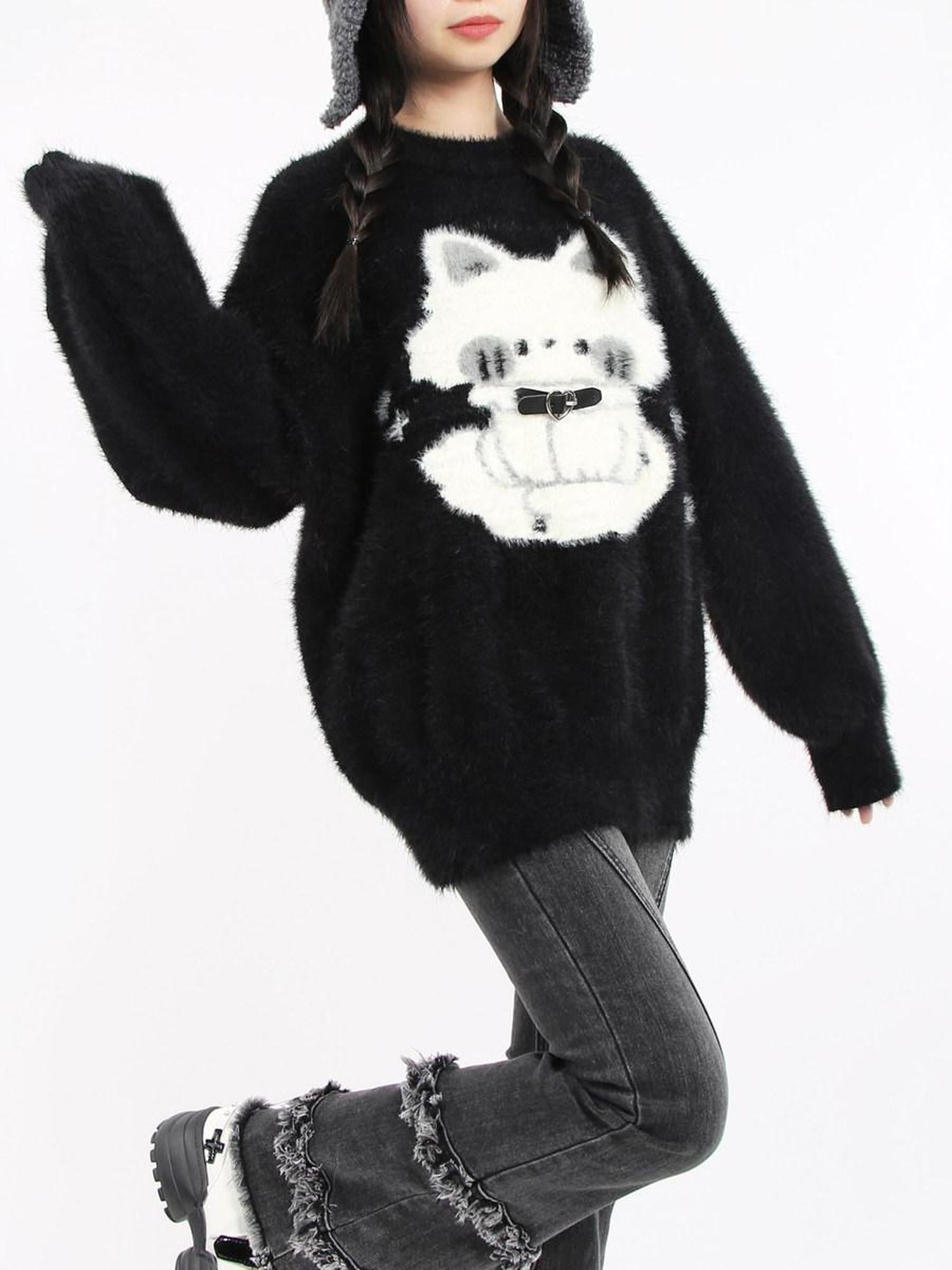 catwish Thick Leather Button Heavy Embellished Cat Motif Women's Faux Mink Sweaters