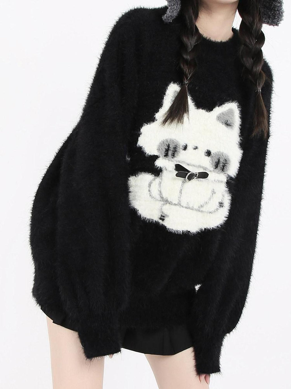 catwish Thick Leather Button Heavy Embellished Cat Motif Women's Faux Mink Sweaters