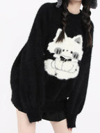 catwish Thick Leather Button Heavy Embellished Cat Motif Women's Faux Mink Sweaters