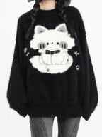catwish Thick Leather Button Heavy Embellished Cat Motif Women's Faux Mink Sweaters