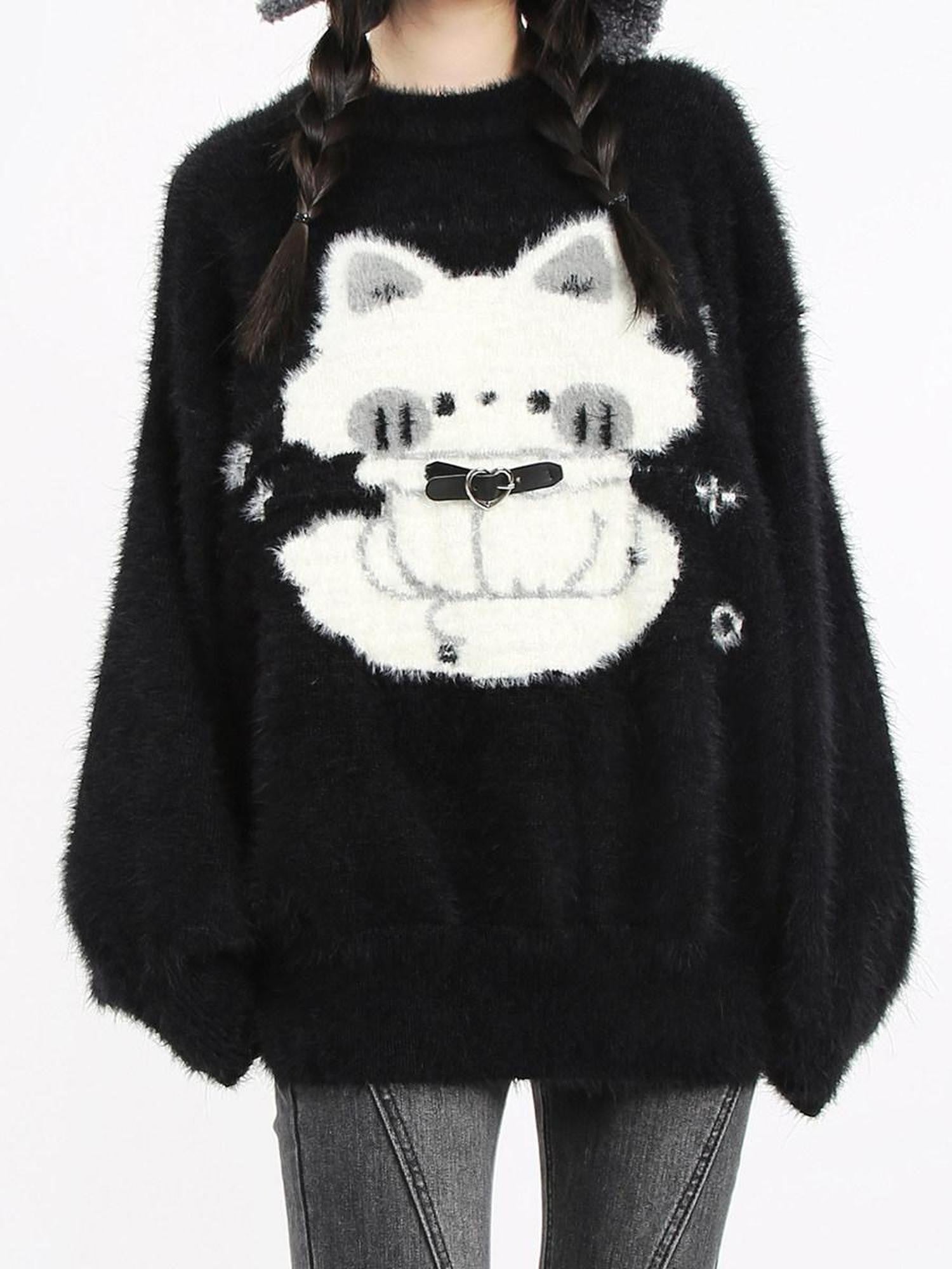 catwish Thick Leather Button Heavy Embellished Cat Motif Women's Faux Mink Sweaters
