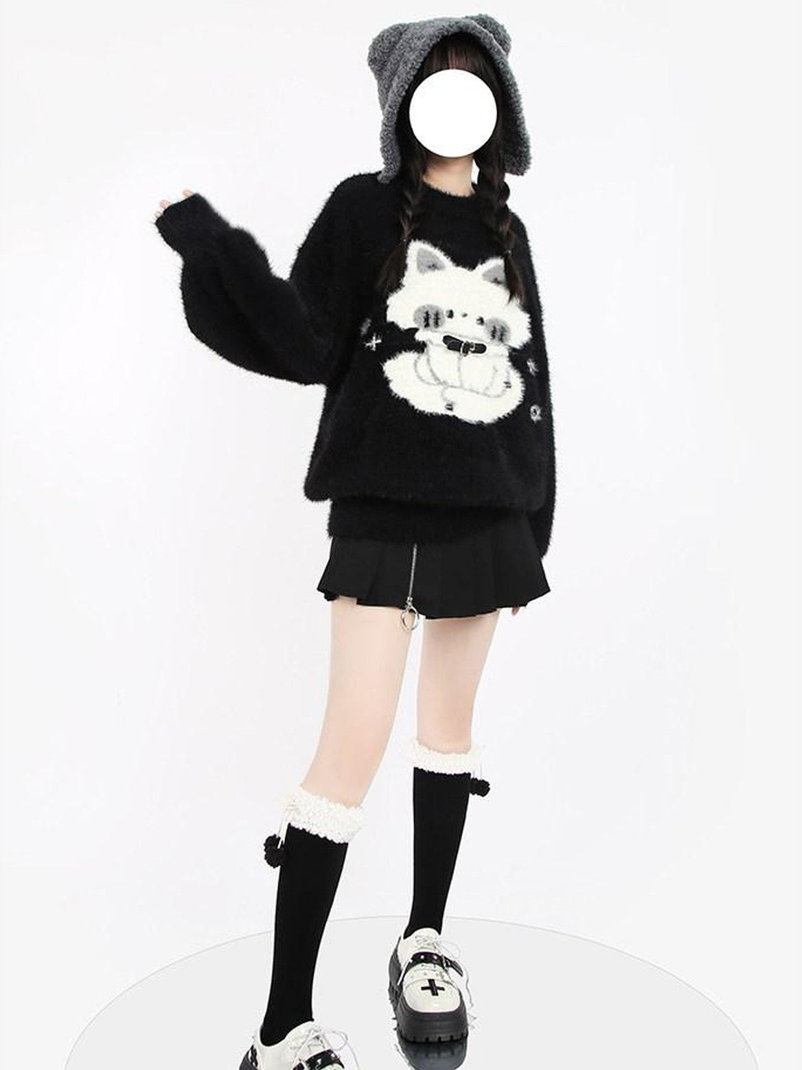 catwish Thick Leather Button Heavy Embellished Cat Motif Women's Faux Mink Sweaters