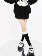 catwish Thick Leather Button Heavy Embellished Cat Motif Women's Faux Mink Sweaters