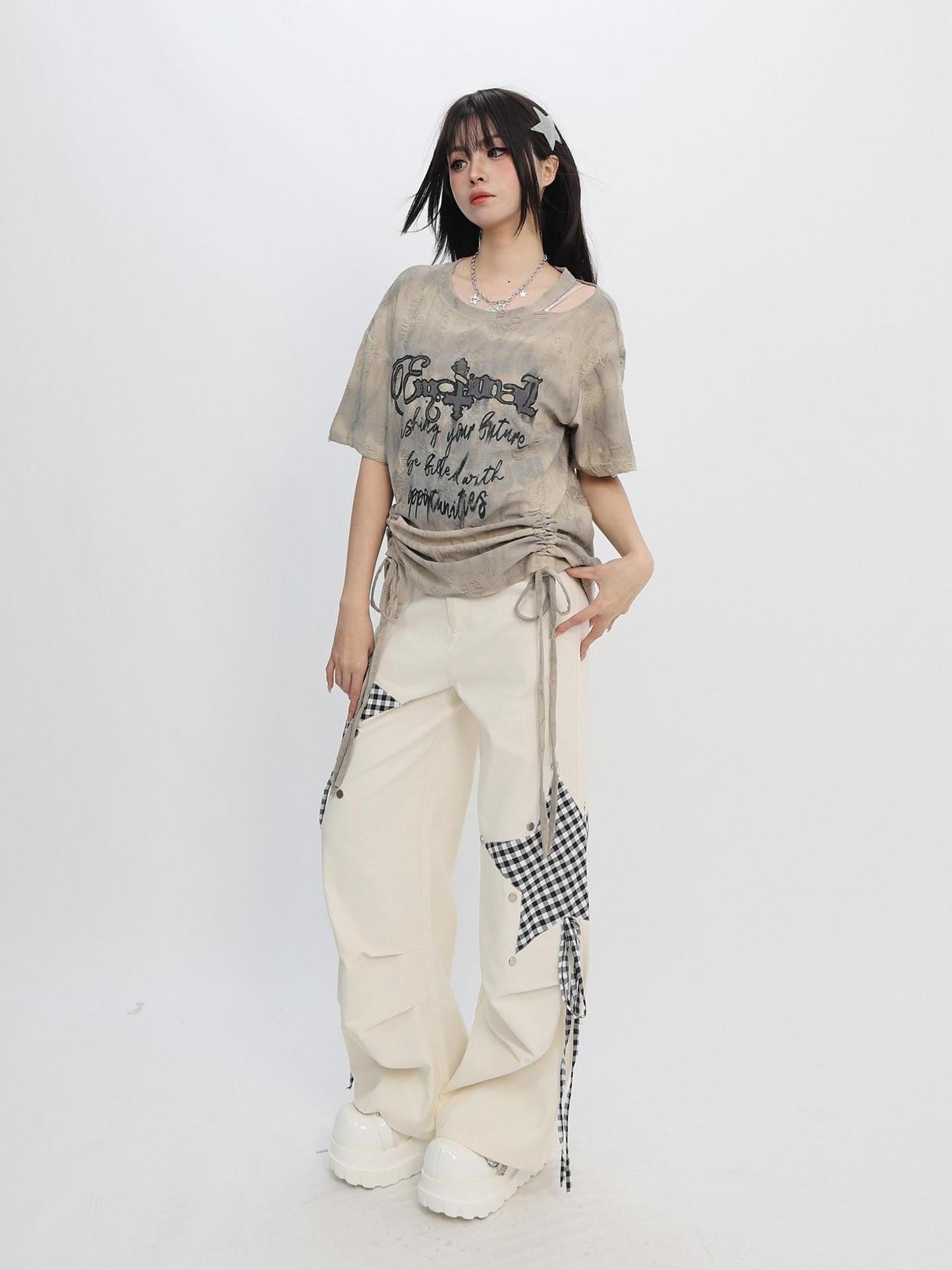 catwish Tie Dye Distressed Off Shoulder Women's Poly Viscose Short Sleeve T-shirts