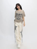 catwish Tie Dye Distressed Off Shoulder Women's Poly Viscose Short Sleeve T-shirts