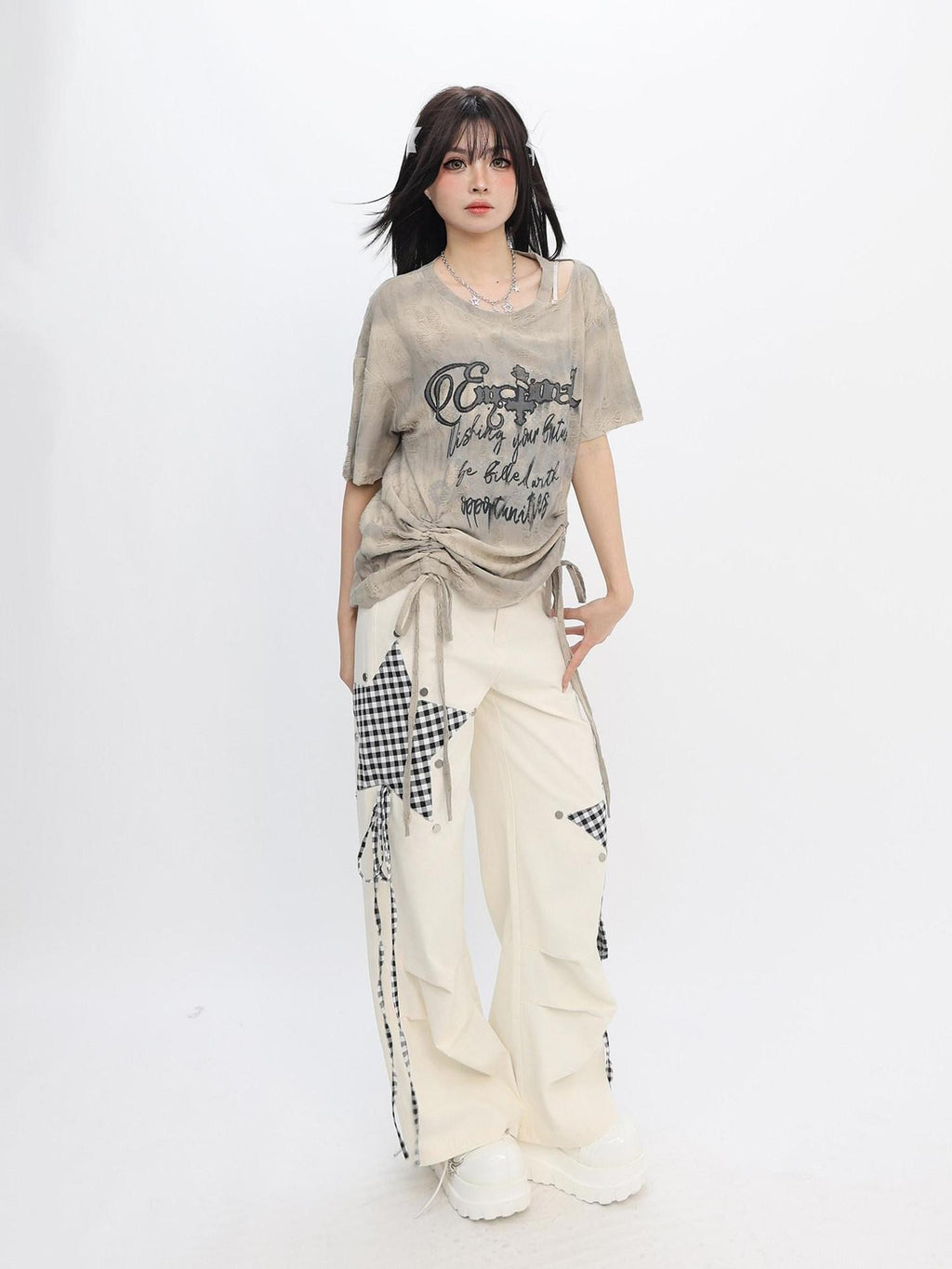 catwish Tie Dye Distressed Off Shoulder Women's Poly Viscose Short Sleeve T-shirts