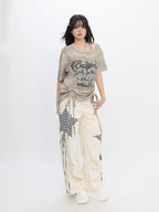 catwish Tie Dye Distressed Off Shoulder Women's Poly Viscose Short Sleeve T-shirts