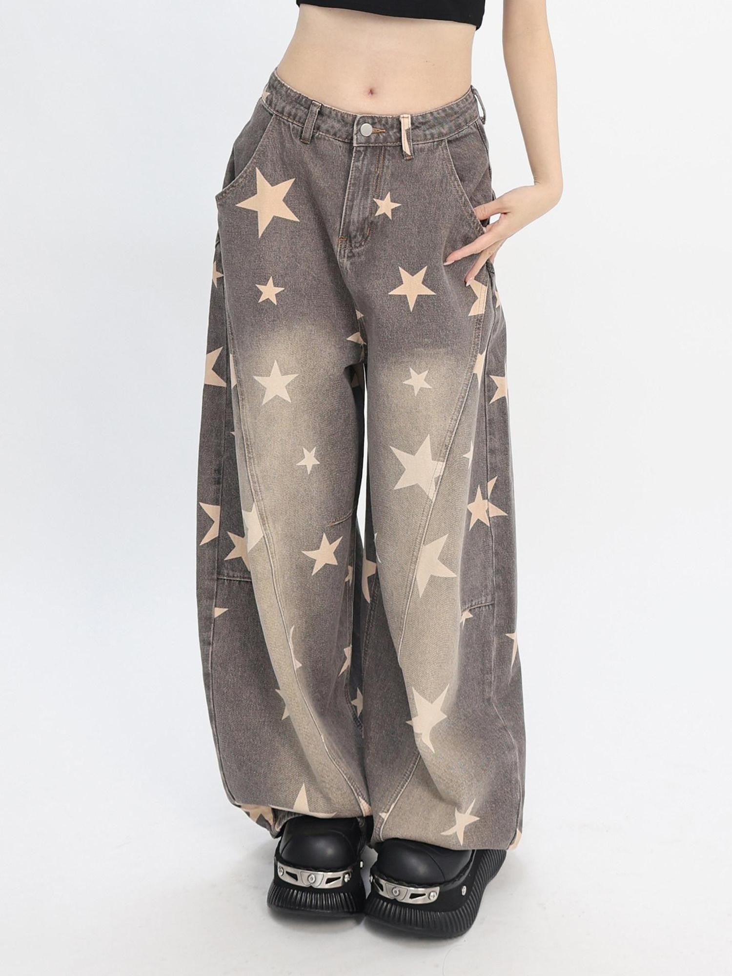 catwish Washed Distressed Star Print Low Rise Women's Denim Wide-leg Jeans