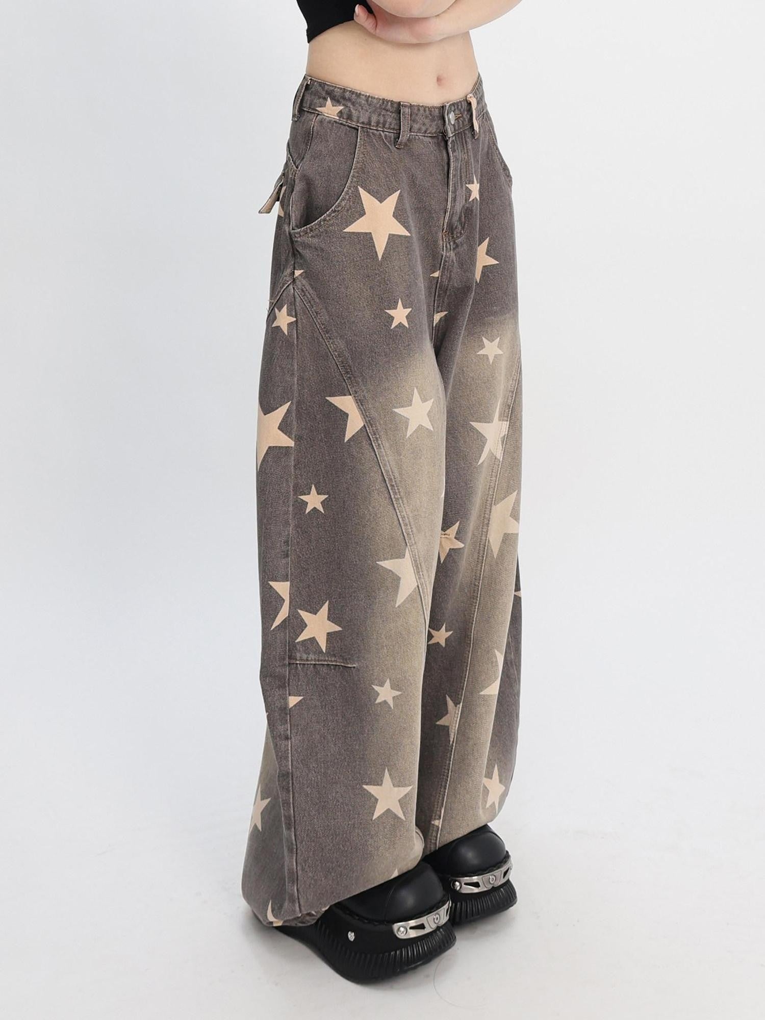 catwish Washed Distressed Star Print Low Rise Women's Denim Wide-leg Jeans