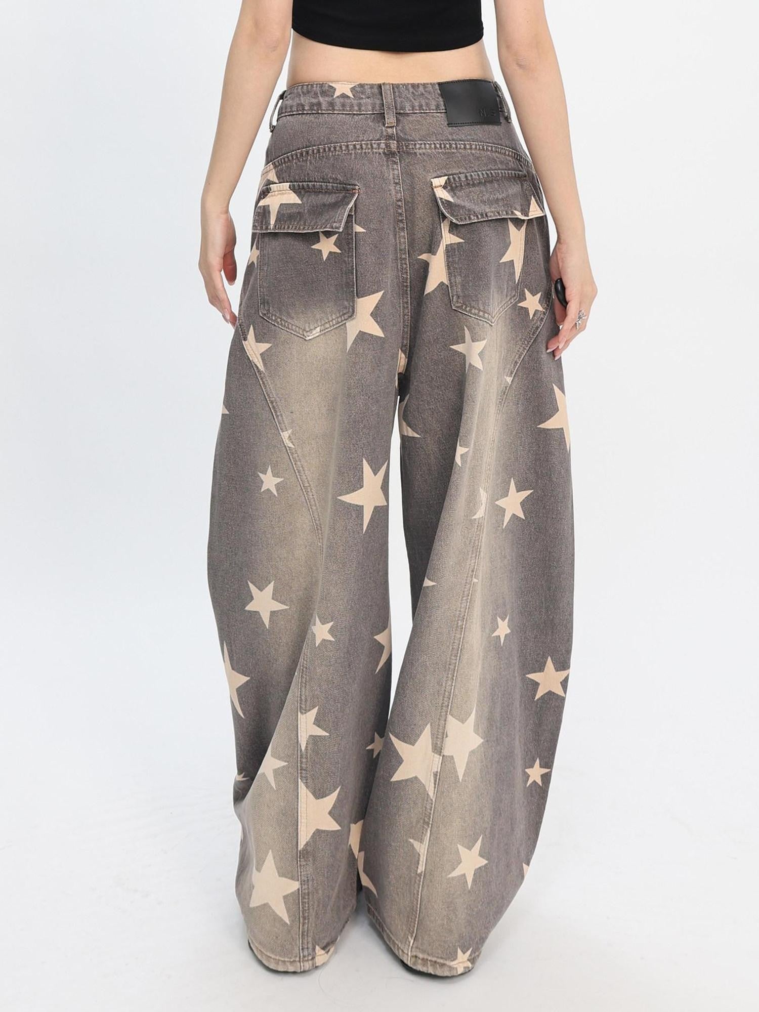 catwish Washed Distressed Star Print Low Rise Women's Denim Wide-leg Jeans